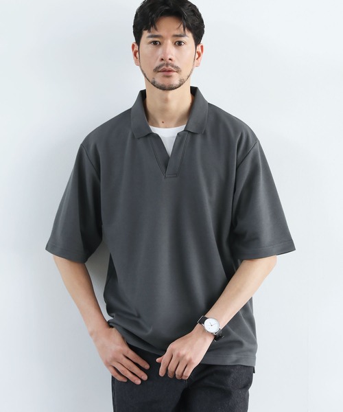 SPU（スプ）の「抗菌防臭＆接触冷感ルーズシルエットダブルフェイス鹿の子スキッパ―ポロシャツ（ポロシャツ・メンズ・グレー/ブラック/ベージュ/ネイビー/ホワイト/モカ/チャコール・M/L/XL/S）」の19枚目の写真