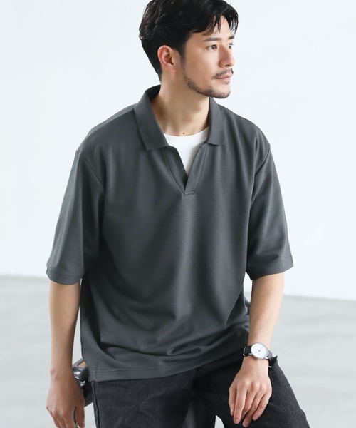 SPU（スプ）の「抗菌防臭＆接触冷感ルーズシルエットダブルフェイス鹿の子スキッパ―ポロシャツ（ポロシャツ・メンズ・グレー/ブラック/ベージュ/ネイビー/ホワイト/モカ/チャコール・M/L/XL/S）」の20枚目の写真