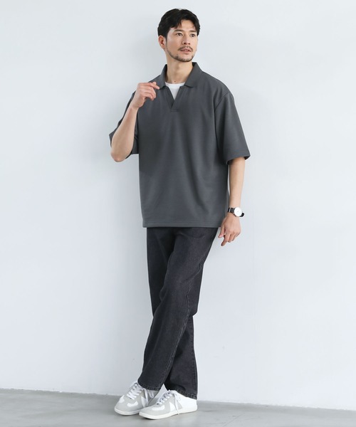 SPU（スプ）の「抗菌防臭＆接触冷感ルーズシルエットダブルフェイス鹿の子スキッパ―ポロシャツ（ポロシャツ・メンズ・グレー/ブラック/ベージュ/ネイビー/ホワイト/モカ/チャコール・M/L/XL/S）」の21枚目の写真
