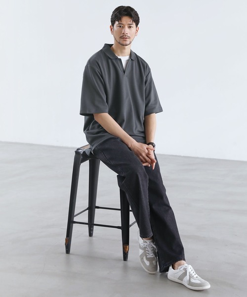 SPU（スプ）の「抗菌防臭＆接触冷感ルーズシルエットダブルフェイス鹿の子スキッパ―ポロシャツ（ポロシャツ・メンズ・グレー/ブラック/ベージュ/ネイビー/ホワイト/モカ/チャコール・M/L/XL/S）」の22枚目の写真