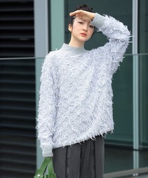 Ray BEAMS | Ray BEAMS / カット ジャカード フリンジ ハイネック ニット(ニット/セーター)