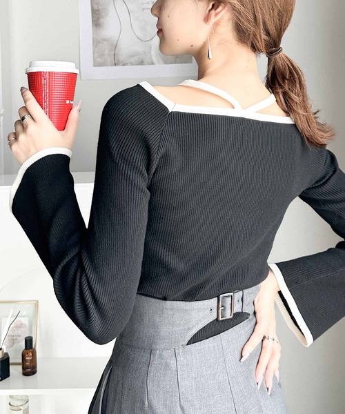 mily bilet（ミウィビレット）の「【mily bilet】大人に色っぽく。2wayクロスストラップ袖フレアリブニット（ニット/セーター・レディース・モカ/ブラック/アイボリー・LARGE/MEDIUM/SMALL/X-LARGE）」の13枚目の写真