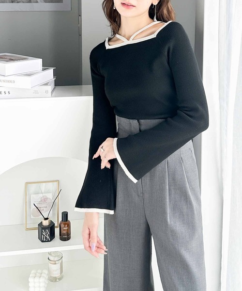 mily bilet（ミウィビレット）の「【mily bilet】大人に色っぽく。2wayクロスストラップ袖フレアリブニット（ニット/セーター・レディース・モカ/ブラック/アイボリー・LARGE/MEDIUM/SMALL/X-LARGE）」の4枚目の写真