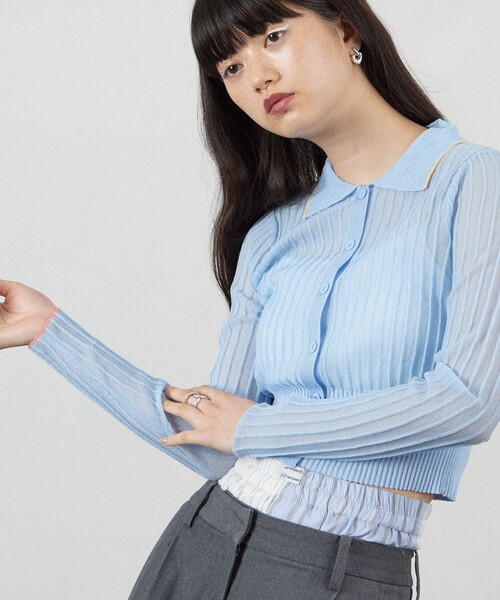 Firsthand(ファーストハンド)の「Firsthand/ファーストハンド コンパクトシアーニットカーディガン(カーディガン/ボレロ・レディース・ピンク/ネイビー/サックスブルー・FREE)」の2枚目の写真