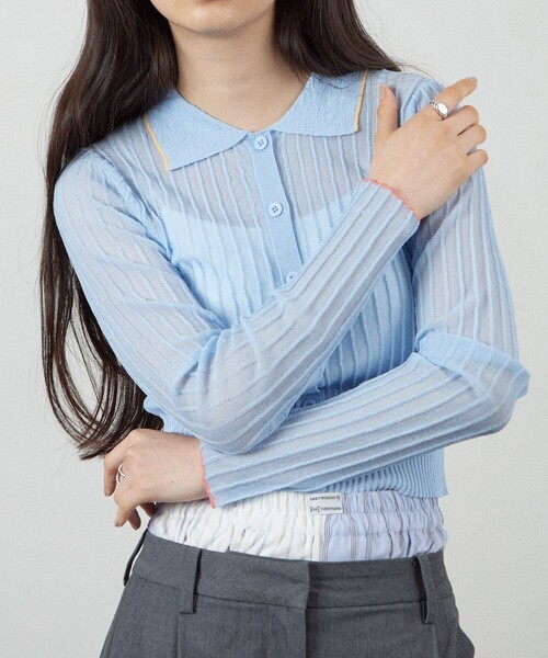 Firsthand(ファーストハンド)の「Firsthand/ファーストハンド コンパクトシアーニットカーディガン(カーディガン/ボレロ・レディース・ピンク/ネイビー/サックスブルー・FREE)」の4枚目の写真