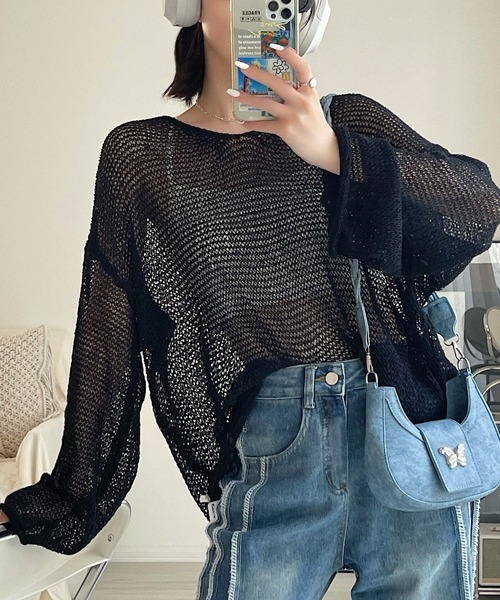 COCOMOMO（ココモモ）の「ゆるVネック メッシュ ローゲージ ルーズニット（ニット/セーター・レディース・ベージュ/ブラック/ホワイト/グリーン・FREE）」の3枚目の写真