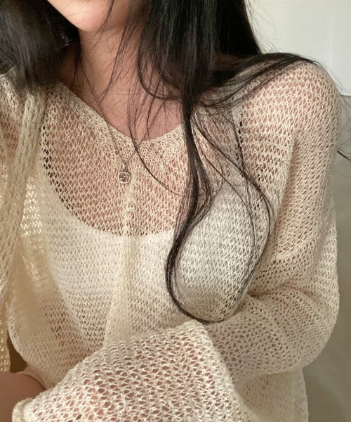 COCOMOMO（ココモモ）の「ゆるVネック メッシュ ローゲージ ルーズニット（ニット/セーター・レディース・ベージュ/ブラック/ホワイト/グリーン・FREE）」の14枚目の写真