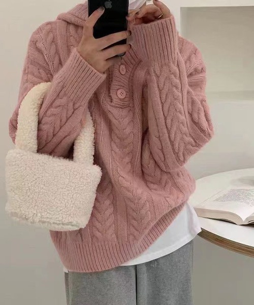 Lamoa(ラモア)の「Lamoa/フード付き ケーブル編み ニットプルオーバー(ニット/セーター・レディース・アイボリー/ブラック/カーキ/ライトグリーン/ピンク・FREE)」の5枚目の写真