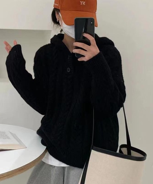 Lamoa（ラモア）の「Lamoa/フード付き ケーブル編み ニットプル