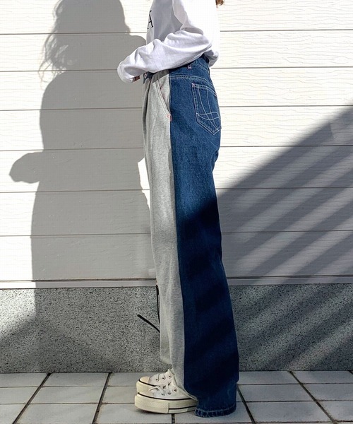 Q（キュー）の「デニム×裏毛ドッキングパンツ（デニムパンツ・レディース・ライトグレー・SMALL/MEDIUM）」の3枚目の写真