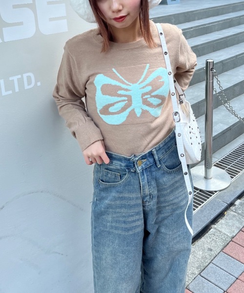 nemne store（ネンネストア）の「【Nefilim】バタフライショートニット（ニット/セーター・レディース・ベージュ/ブラック・フリー）」の4枚目の写真