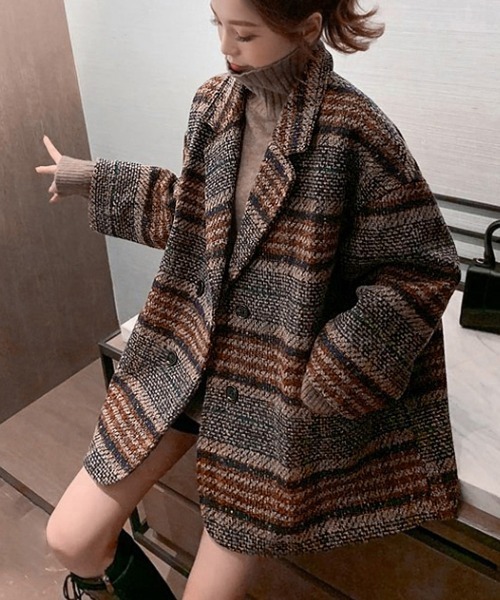 Miniministore（ミニミニストア）の「チェック柄 チェスターコート レディース（トレンチコート・レディース・ネイビー/ブラウン・FREE）」の3枚目の写真