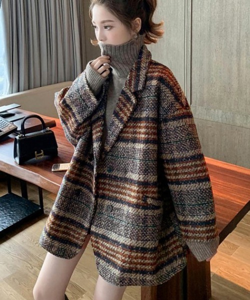 Miniministore（ミニミニストア）の「チェック柄 チェスターコート レディース（トレンチコート・レディース・ネイビー/ブラウン・FREE）」の4枚目の写真