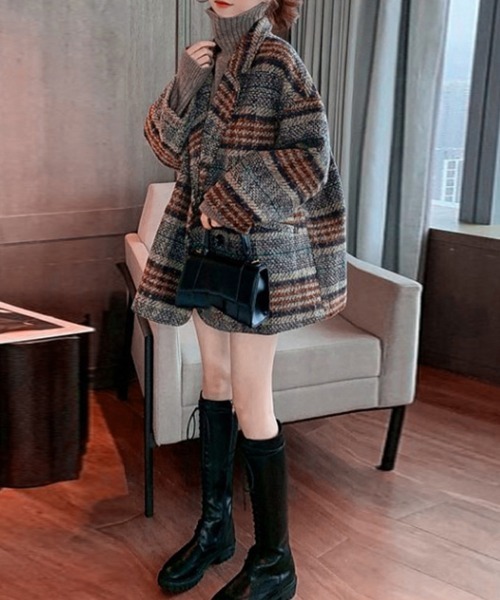 Miniministore（ミニミニストア）の「チェック柄 チェスターコート レディース（トレンチコート・レディース・ネイビー/ブラウン・FREE）」の7枚目の写真