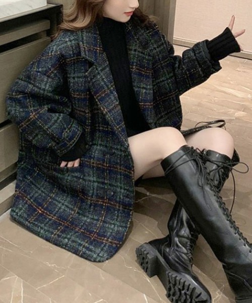 Miniministore（ミニミニストア）の「チェック柄 チェスターコート レディース（トレンチコート・レディース・ネイビー/ブラウン・FREE）」の10枚目の写真