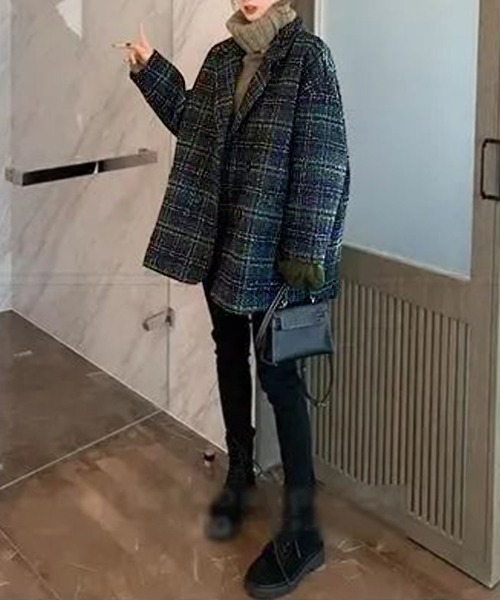 Miniministore（ミニミニストア）の「チェック柄 チェスターコート レディース（トレンチコート・レディース・ネイビー/ブラウン・FREE）」の12枚目の写真