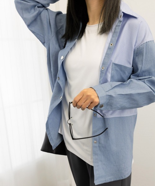 Miniministore(ミニミニストア)の「デニム風シャツブラウス レディース(シャツ/ブラウス・レディース・インディゴブルー/サックスブルー・XL/L)」の6枚目の写真