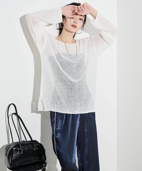 Shelly island（シェリーアイランド）の「ルーズシアーニット（ニット/セーター・レディース・オレンジ/ホワイト/ブラック/ブルー/ピンク/オフホワイト・FREE）」の2枚目の写真