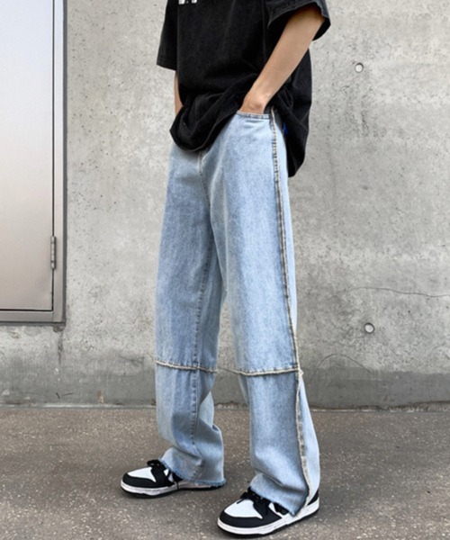 NOWLE（ノウル）の「【NOWLE】ステッチ 切替 ワイドレッグ デニムパンツ（デニムパンツ・メンズ・ブラック系2/ブルー/ブルー系2/ブラック・LARGE/X-LARGE/MEDIUM）」の4枚目の写真