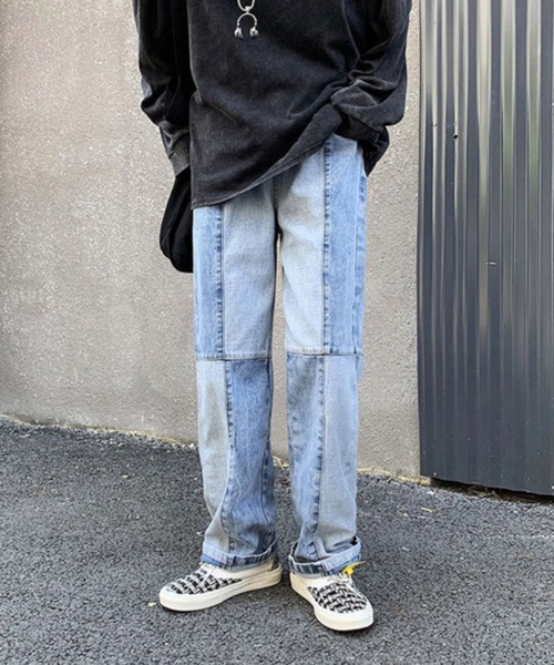 NOWLE（ノウル）の「【NOWLE】ステッチ 切替 ワイドレッグ デニムパンツ（デニムパンツ・メンズ・ブラック系2/ブルー/ブルー系2/ブラック・LARGE/X-LARGE/MEDIUM）」の3枚目の写真