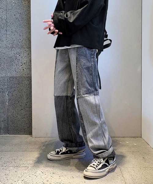 NOWLE（ノウル）の「【NOWLE】ステッチ 切替 ワイドレッグ デニムパンツ（デニムパンツ・メンズ・ブラック系2/ブルー/ブルー系2/ブラック・LARGE/X-LARGE/MEDIUM）」の2枚目の写真