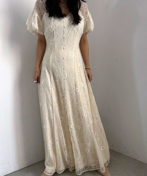 Ameri（アメリ）の「SCALLOP LACE EMPIRE DRESS（ドレス）」 - WEAR