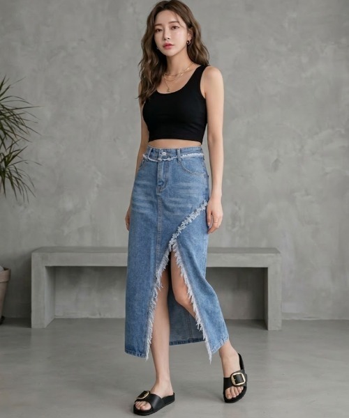 gossip!ロサンゼルス(ゴシップロサンゼルス)の「ラップデザイン スリットデニムスカート(デニムスカート・レディース・ブルー・M/L/S)」の1枚目の写真