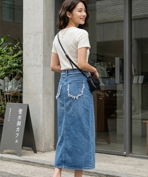 gossip!ロサンゼルス(ゴシップロサンゼルス)の「ラップデザイン スリットデニムスカート(デニムスカート・レディース・ブルー・M/L/S)」の9枚目の写真
