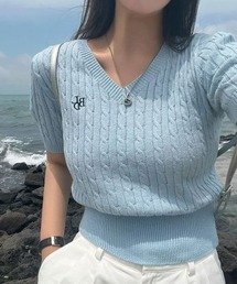 [BELLIDE MADE]  ケーブルVネックセミクロップ半袖ニット