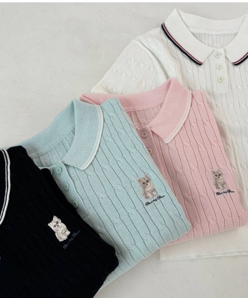 OLIVE des OLIVE（オリーブデオリーブ）の「ネコ刺繍ケーブルポロニット　1041050340（ニット/セーター・レディース・ブラック/オフホワイト/サックスブルー/ピンク・FREE）」の7枚目の写真