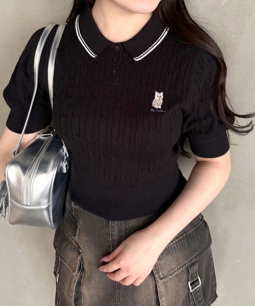 OLIVE des OLIVE（オリーブデオリーブ）の「ネコ刺繍ケーブルポロニット　1041050340（ニット/セーター・レディース・ブラック/オフホワイト/サックスブルー/ピンク・FREE）」の13枚目の写真