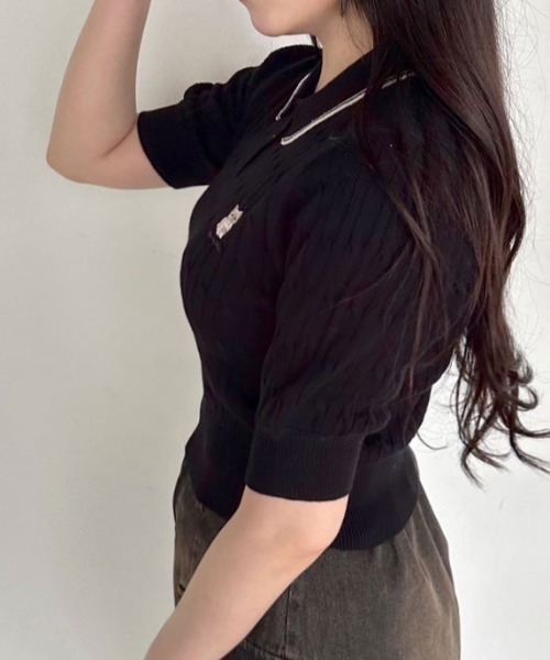 OLIVE des OLIVE（オリーブデオリーブ）の「ネコ刺繍ケーブルポロニット　1041050340（ニット/セーター・レディース・ブラック/オフホワイト/サックスブルー/ピンク・FREE）」の15枚目の写真