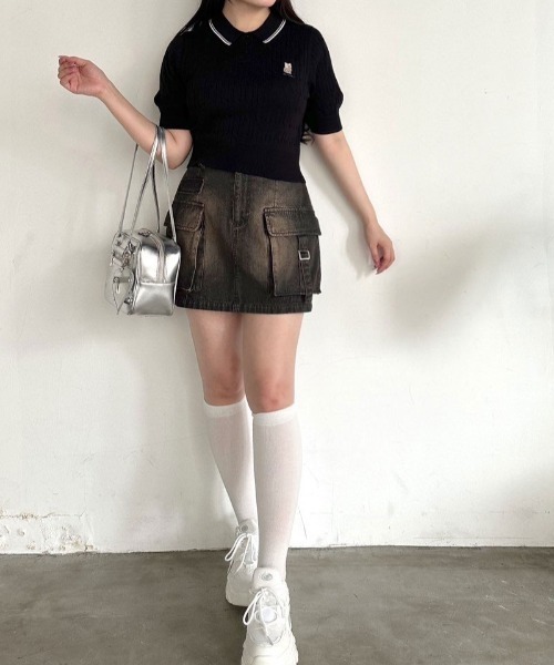 OLIVE des OLIVE（オリーブデオリーブ）の「ネコ刺繍ケーブルポロニット　1041050340（ニット/セーター・レディース・ブラック/オフホワイト/サックスブルー/ピンク・FREE）」の16枚目の写真