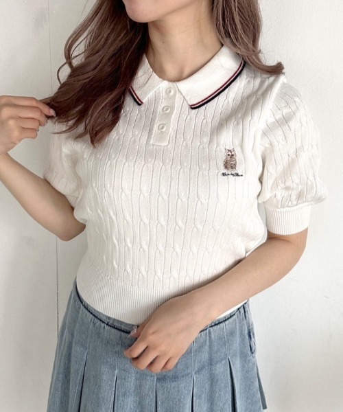 OLIVE des OLIVE（オリーブデオリーブ）の「ネコ刺繍ケーブルポロニット　1041050340（ニット/セーター・レディース・ブラック/オフホワイト/サックスブルー/ピンク・FREE）」の17枚目の写真