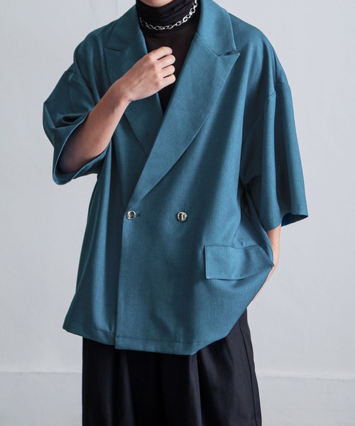 NILWAY（ニルウェイ）の「オーバーサイズ ハーフスリーブ ダブルテーラードジャケット/ルーズ  半袖ダブルテーラードジャケット（テーラードジャケット・メンズ・ブルーグリーン/ブラック/グレー・LARGE/MEDIUM）」の3枚目の写真
