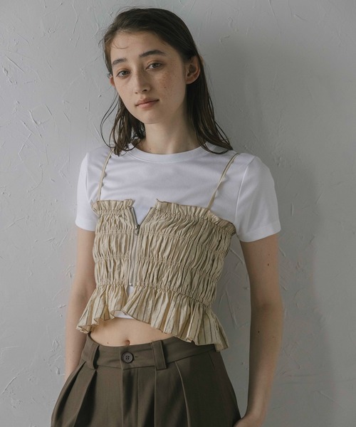 ボンジュールサガン BONJOUR SAGAN bustier style shirt / シャーリングビスチェ風ストライプシャツ （LIGHT-BL ボンジュールサガン BONJOUR SAGAN bustier style shirt