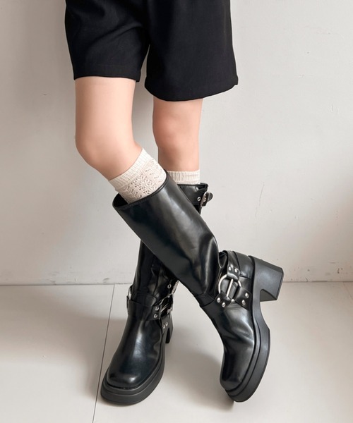 セール】厚底 装飾バックル付 バイカー ロングブーツ 928（ブーツ