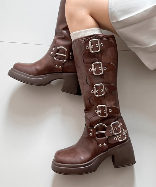 セール】厚底 装飾バックル付 バイカー ロングブーツ 928（ブーツ