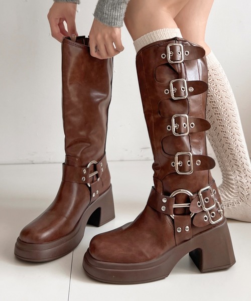 セール】厚底 装飾バックル付 バイカー ロングブーツ 928（ブーツ