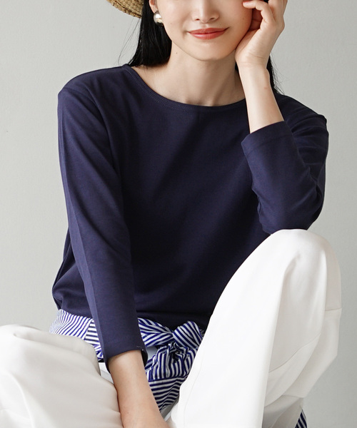 zootie（ズーティー）の「シルキースムースコットン Tシャツ［七分袖］（Tシャツ/カットソー・レディース・ライトブルー/ブラック/ライトグレー/ネイビー/ミント/オフホワイト/カーキ/グレイッシュベージュ・LL/M/L）」の8枚目の写真