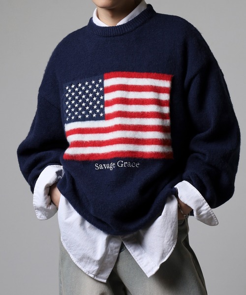セール】Flag logo jacquard knit / フラッグロゴジャガードニット