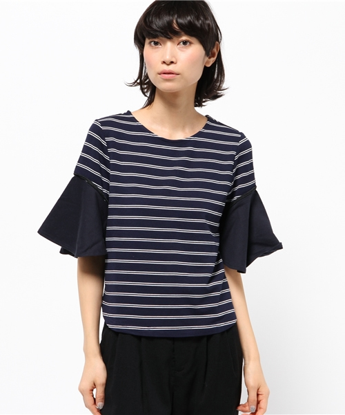 OUTLET（アウトレット）の「【mystic】ボーダー袖フレアプルオーバー（Tシャツ/カットソー・レディース・グレー/オフホワイト/ブラック/ネイビー・FREE）」の4枚目の写真