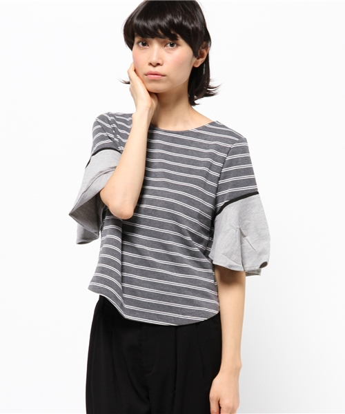 OUTLET（アウトレット）の「【mystic】ボーダー袖フレアプルオーバー（Tシャツ/カットソー・レディース・グレー/オフホワイト/ブラック/ネイビー・FREE）」の3枚目の写真