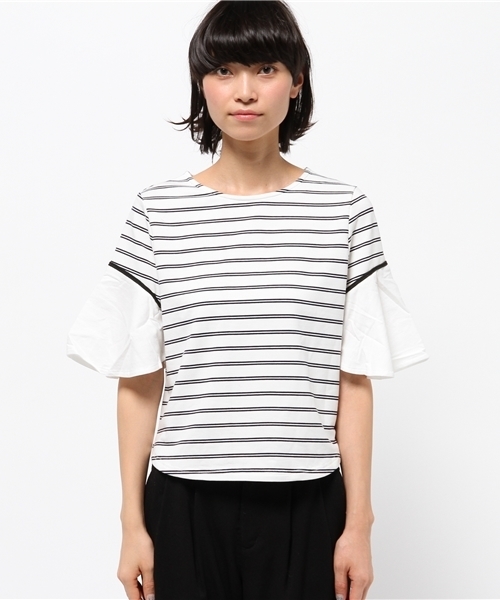 OUTLET（アウトレット）の「【mystic】ボーダー袖フレアプルオーバー（Tシャツ/カットソー・レディース・グレー/オフホワイト/ブラック/ネイビー・FREE）」の5枚目の写真