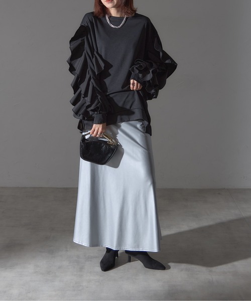 each（イーチ）の「フラワーフリルスリーブミディプルオーバー（Tシャツ/カットソー・レディース・グレー/ブラック/ライトピンク・FREE）」の6枚目の写真