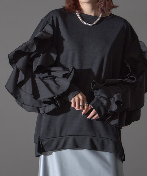 each（イーチ）の「フラワーフリルスリーブミディプルオーバー（Tシャツ/カットソー・レディース・グレー/ブラック/ライトピンク・FREE）」の4枚目の写真