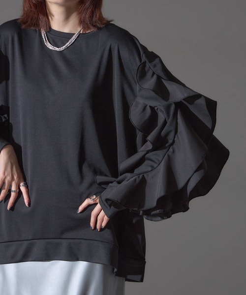 each（イーチ）の「フラワーフリルスリーブミディプルオーバー（Tシャツ/カットソー・レディース・グレー/ブラック/ライトピンク・FREE）」の5枚目の写真