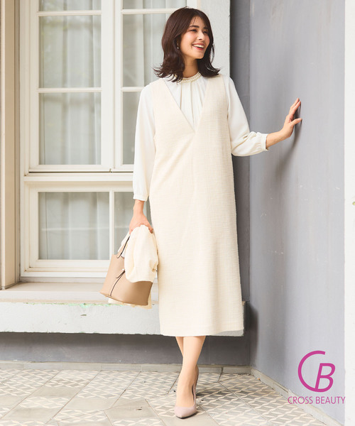 CROSS FUNCTION(クロスファンクション)の「《洗える・ストレッチ・シワになりにくい》正解 ツイードVネックジャンスカ【CF/クロスファンクション】(ジャンパースカート・レディース・アイボリー/ブラック・M/L/LL)」の22枚目の写真