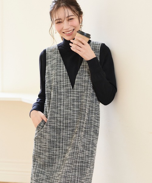 CROSS FUNCTION(クロスファンクション)の「《洗える・ストレッチ・シワになりにくい》正解 ツイードVネックジャンスカ【CF/クロスファンクション】(ジャンパースカート・レディース・アイボリー/ブラック・M/L/LL)」の9枚目の写真