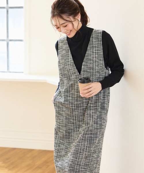 CROSS FUNCTION(クロスファンクション)の「《洗える・ストレッチ・シワになりにくい》正解 ツイードVネックジャンスカ【CF/クロスファンクション】(ジャンパースカート・レディース・アイボリー/ブラック・M/L/LL)」の10枚目の写真